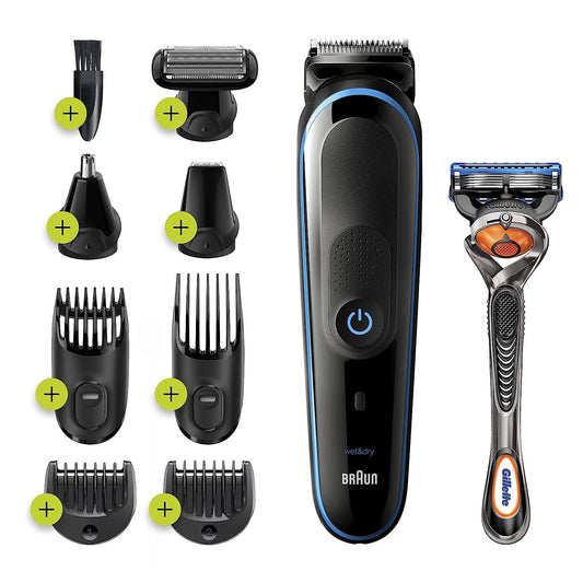 Hair Clippers for Men 9-In-1 Beard, Ear and Nose Trimmer, Mens Grooming Kit, Body Groomer, Cordless & Rechargeable with Gillette Proglide Razor, Black/Blue